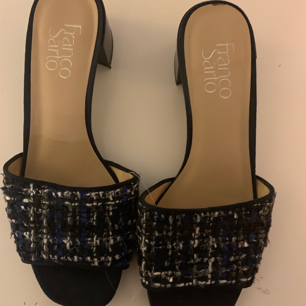 🍀 2 for $15 Franco Sarto Tweed Slides Black Combo with Heel Detail size 7.5 🍀